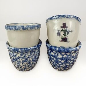 4 GEH Snowman Custard Cups Bowls Blue White Stoneware USA 3"T x 3.5"D Vintage